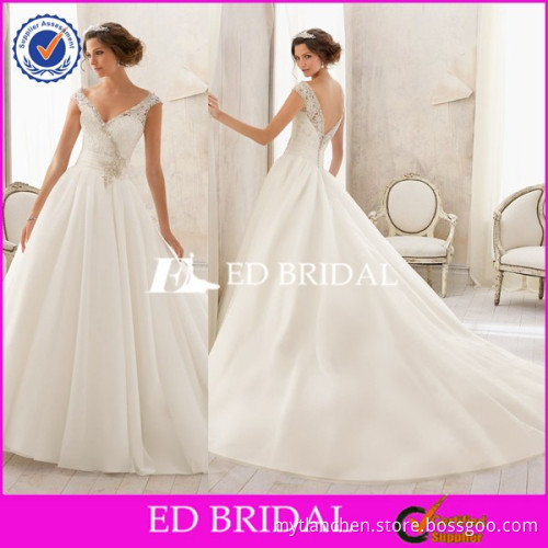 CE340 Graceful Customize Sexy Low Back Cap Sleeve Cathedral Train Bridal Gown